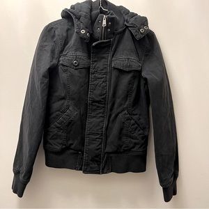 Aritzia TNA Maverick  Distressed Bomber Jacket Detachable Hood Black - US Small